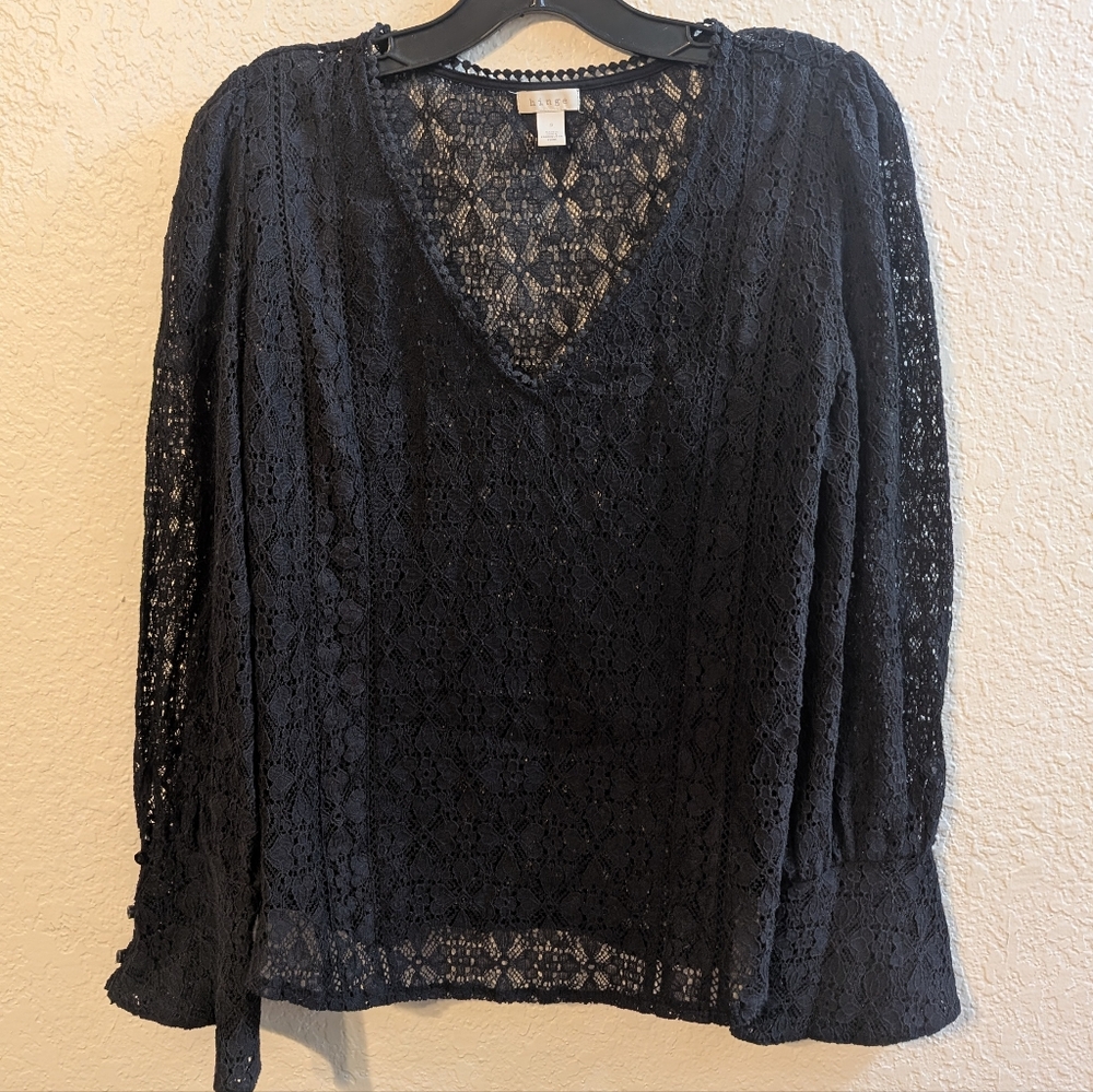 Anthropologie Hinge Black Mesh Lace Top Long Flare Sleeve Blouse Guipure, Size S
